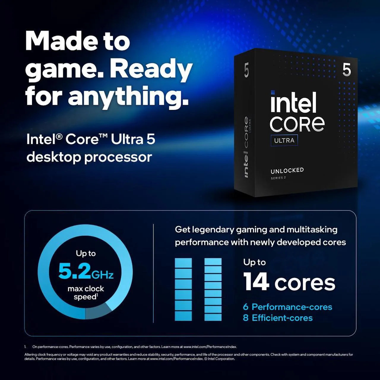CPU Intel® Core™ Ultra 5 Processor 245K Arrow Lake – 14 cores (6 P-cores + 8 E-cores) up to 5.2 GHz – LGA 1851 – 125W Thermal Design Power – Intel Graphics – BOXED Desktop Processor | 1 YEAR WARRANTY