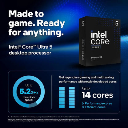 CPU Intel® Core™ Ultra 5 245KF Arrow Lake Processor  – 14 cores (6 P-cores + 8 E-cores) up to 5.2 GHz – LGA 1851 – 125W Thermal Power Design – Intel Graphics – BOXED Desktop Processor | 1 YEAR WARRANTY