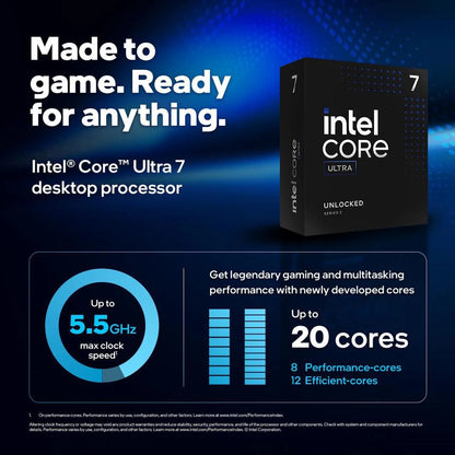 CPU Intel® Core™ Ultra 7 Processor 265K  Arrow Lake 20 cores (8 P-cores + 12 E-cores) up to 5.5 GHz – LGA 1851 – 125W Thermal Design Power – Intel Graphics – BOXED Desktop Processor | 1 YEAR WARRANTY