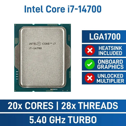 CPU Intel® Core™  i7-14700 – Core i7 14th Gen Raptor Lake 20-Core (8P+12E) 28-Threads ; LGA 1700 65W TDP ; 5.4 GHz Max Turbo Frequency ; Intel UHD Graphics 770 Processor | TRAY | 1 YEAR WARRANTY